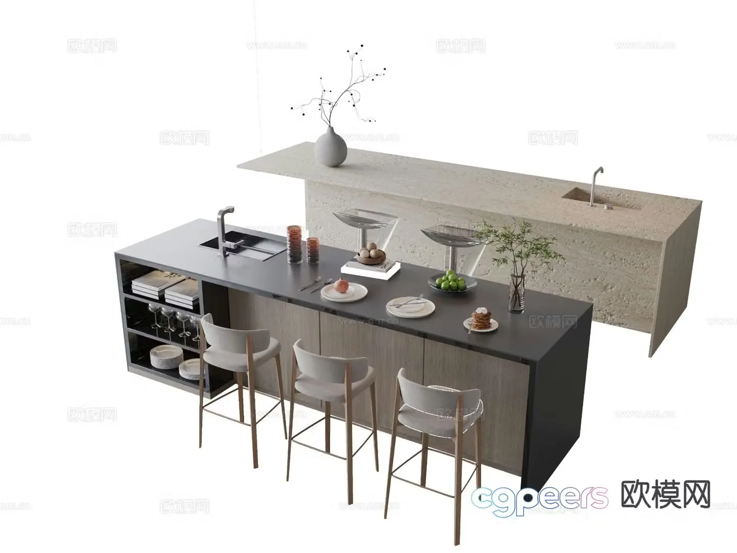 Minimalist island and water bar 3D model