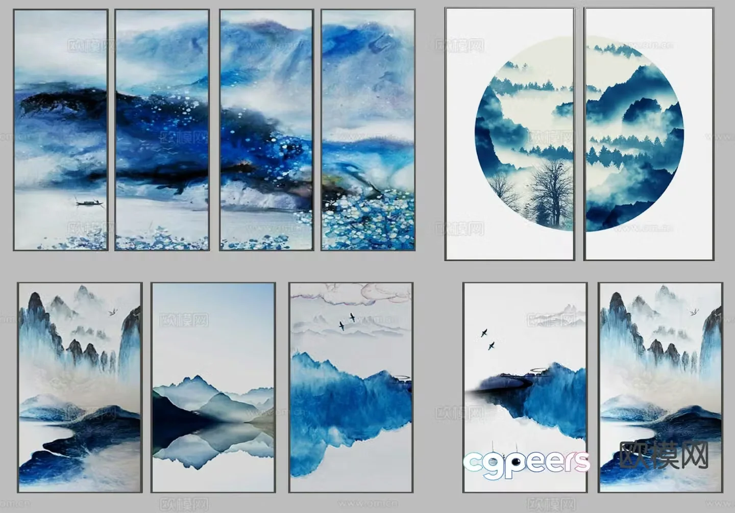 New Chinese style landscape painting blue ink painting 3d model