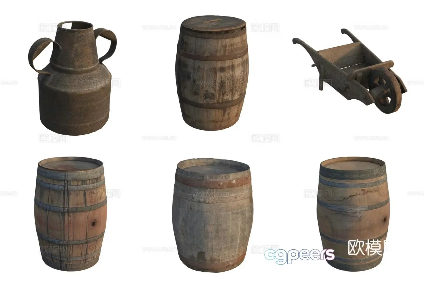 Ancient wooden barrel bucket kettle wine pot wheelbarrow trolley 3d model