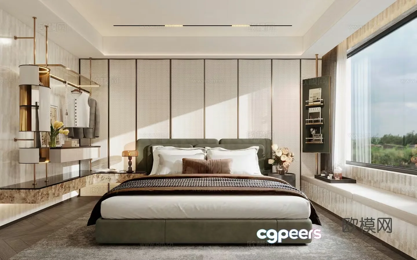 Bedroom Master bedroom Bed Open wardrobe Clothes Storage rack Storage rack Flower art Drawing 3D model