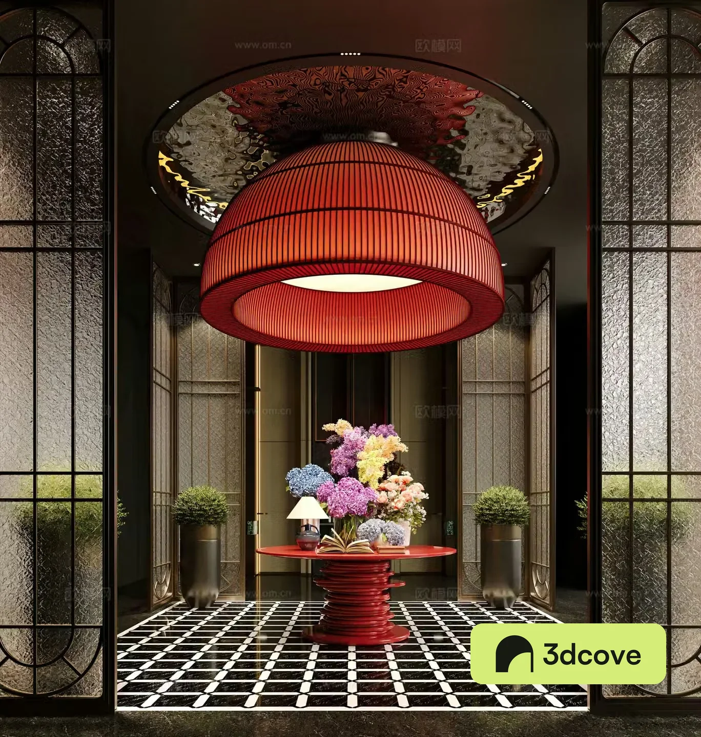 Modern hotel hall floral installation glass partition