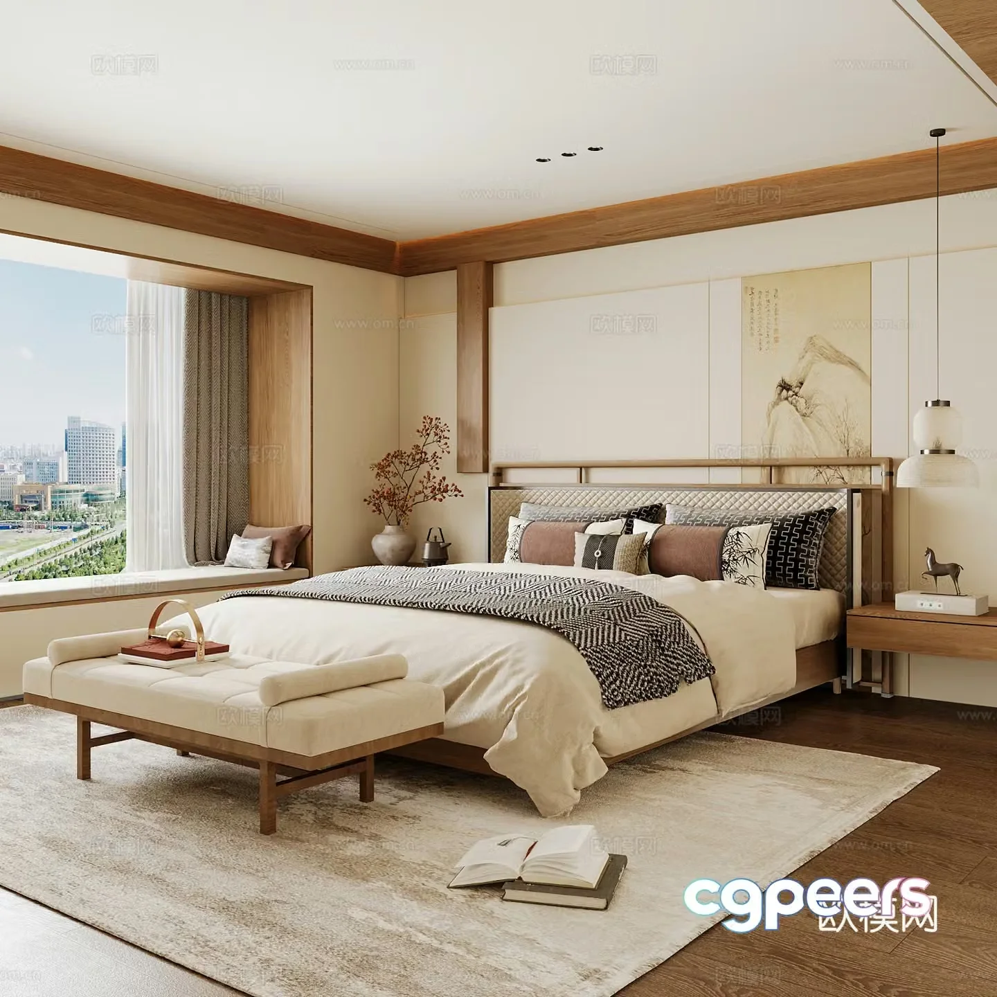 New Chinese style home bedroom Song family aesthetic bedroom Song style bedroom New Chinese style double bed 3D model