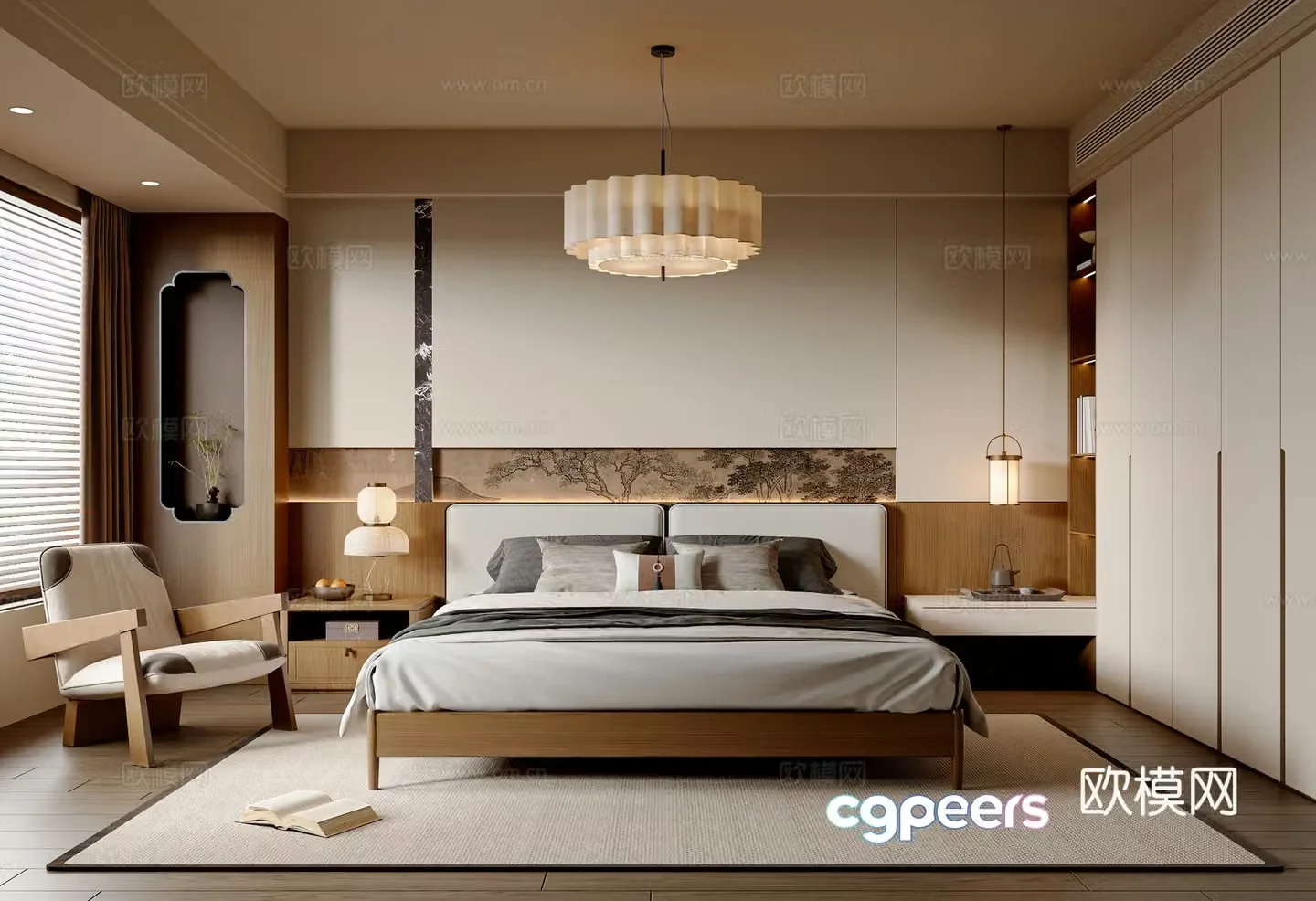 New Chinese style Song style bedroom double bed master bedroom leisure chair wardrobe new Chinese style jewelry ornaments 3D model