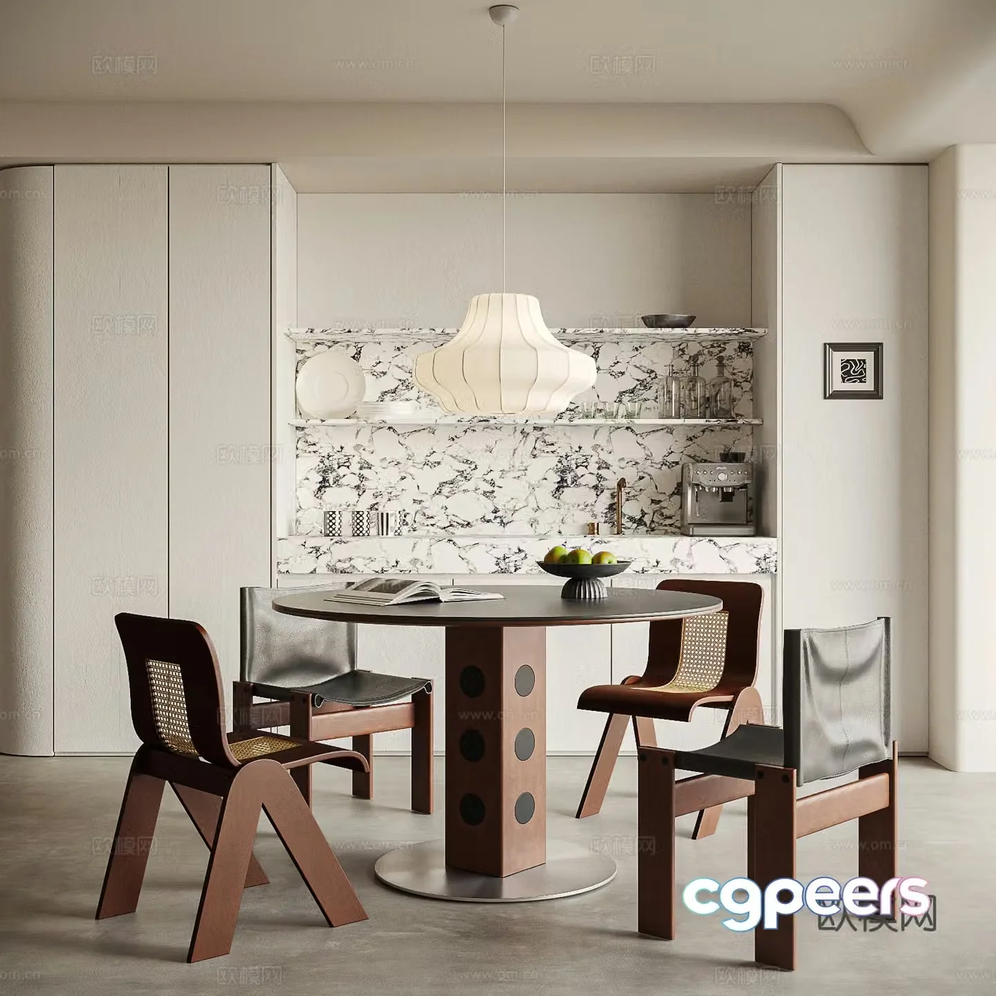 Modern medieval style restaurant dining table and chair sideboard tableware kitchen utensils coffee maker chandelier 3d model
