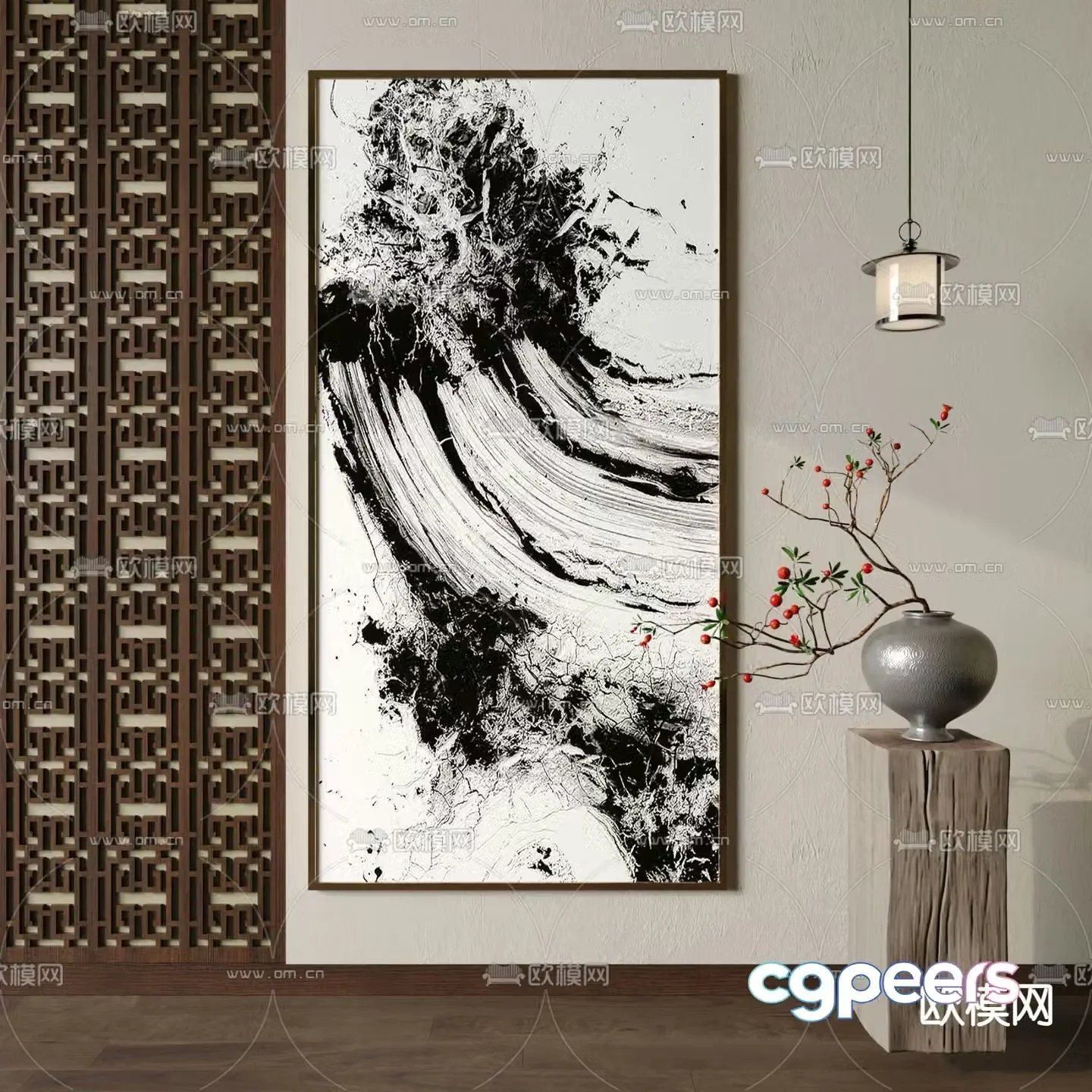 New Chinese style black and white painting wave painting decorative painting 3D model