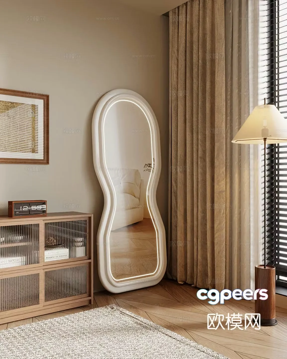 19 Clothes Mirror Medium Style Clothes Mirror Full-body Mirror Floor Lamp 3D Model
