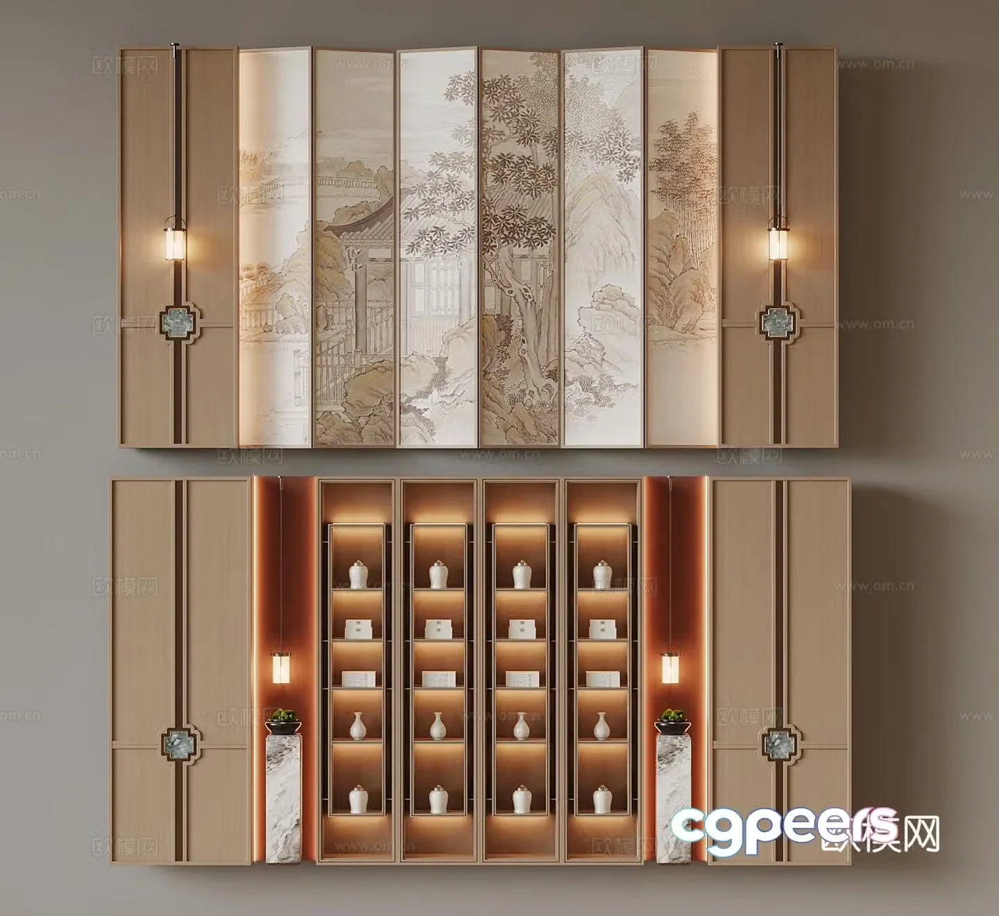 New Chinese style background wall display cabinet 3d model