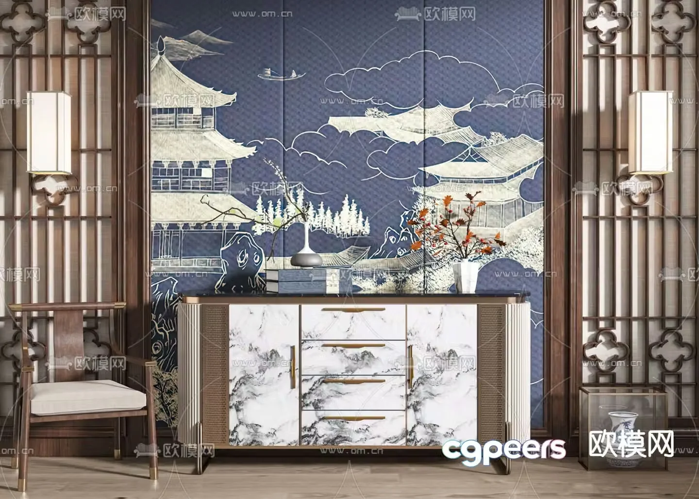New Chinese style side cabinet entrance cabinet Duanjing cabinet 3D model