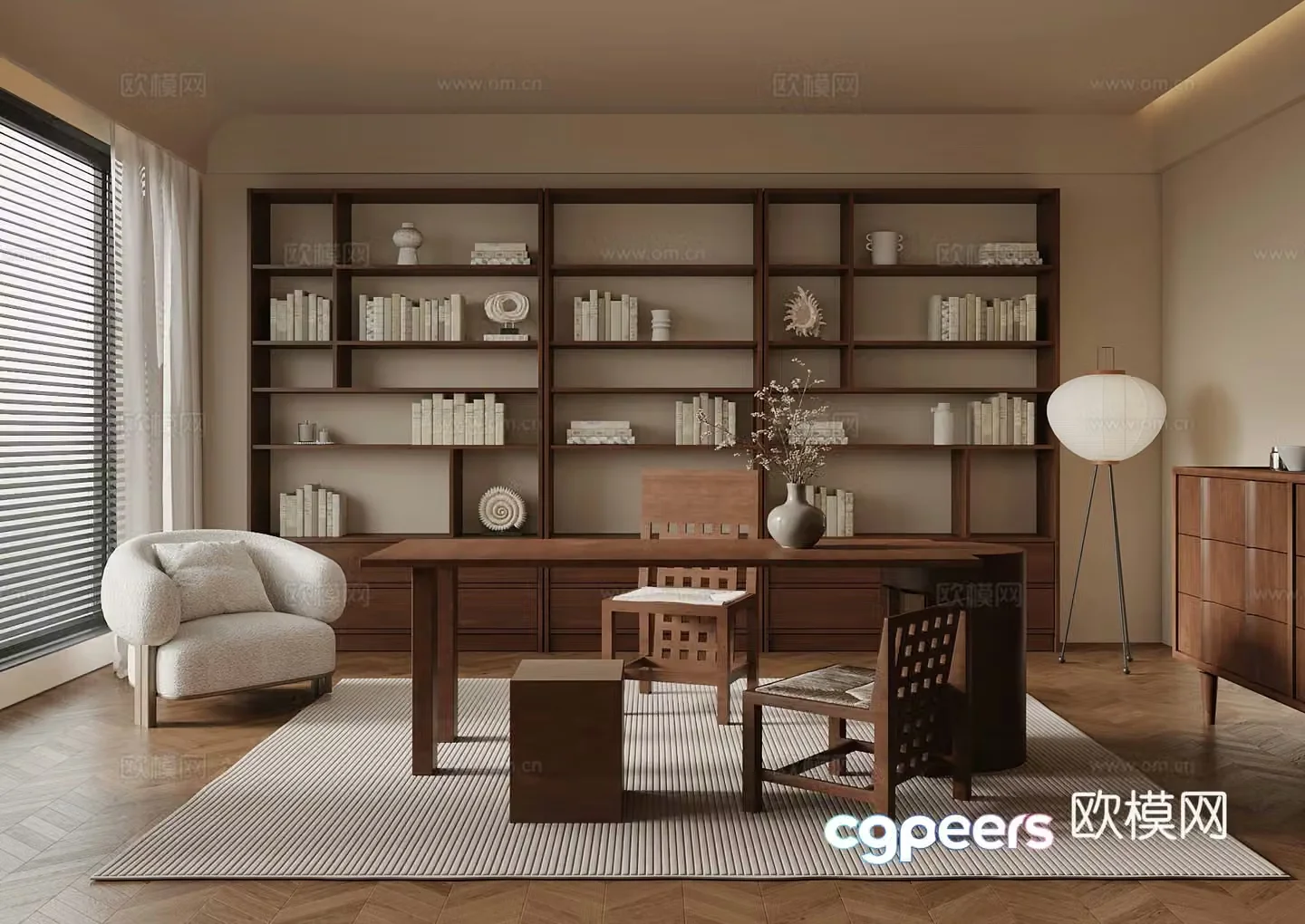 Middle-aged study bookcase desk and chair 3D model