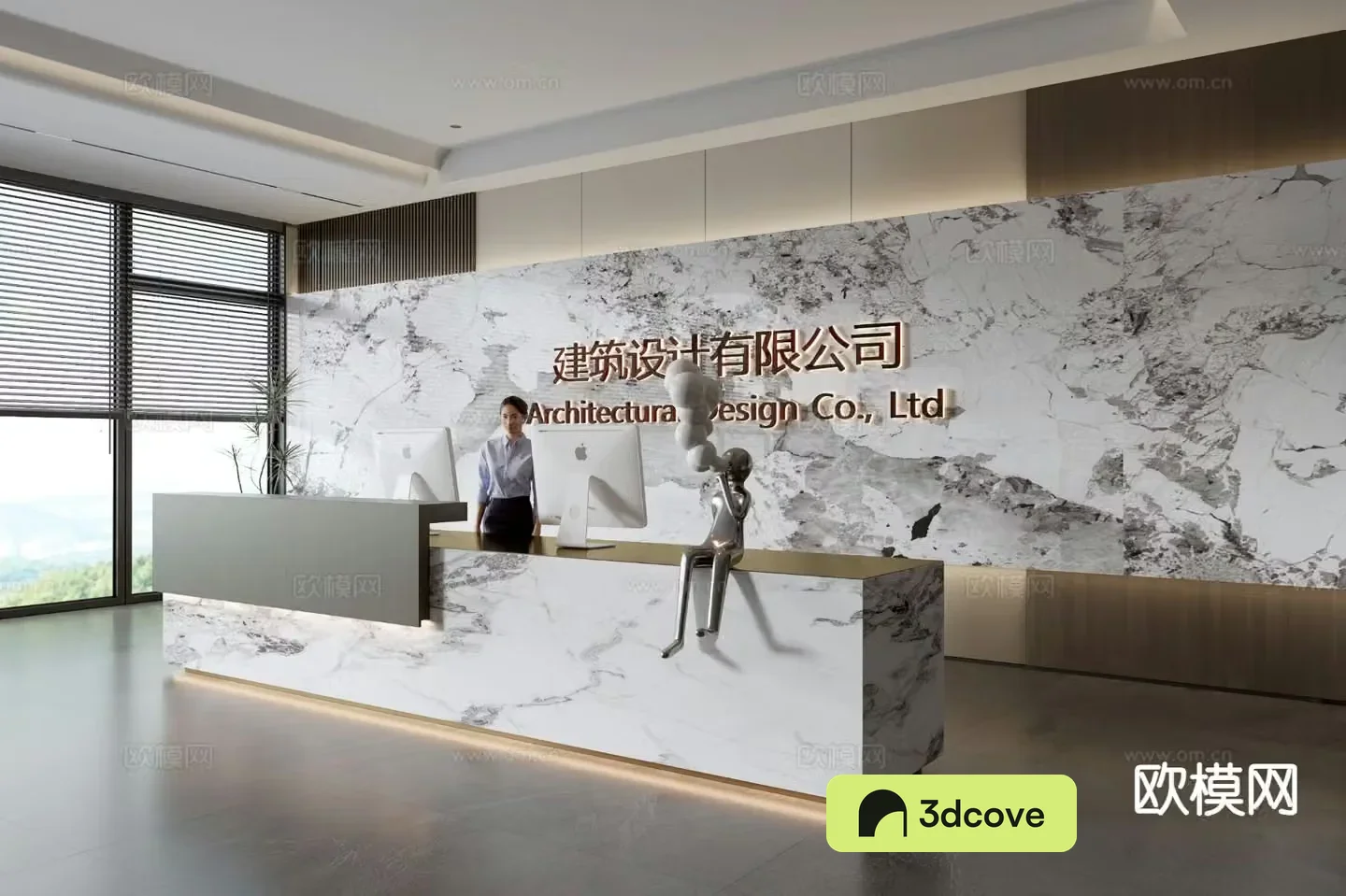 Modern company front desk reception desk corporate wall