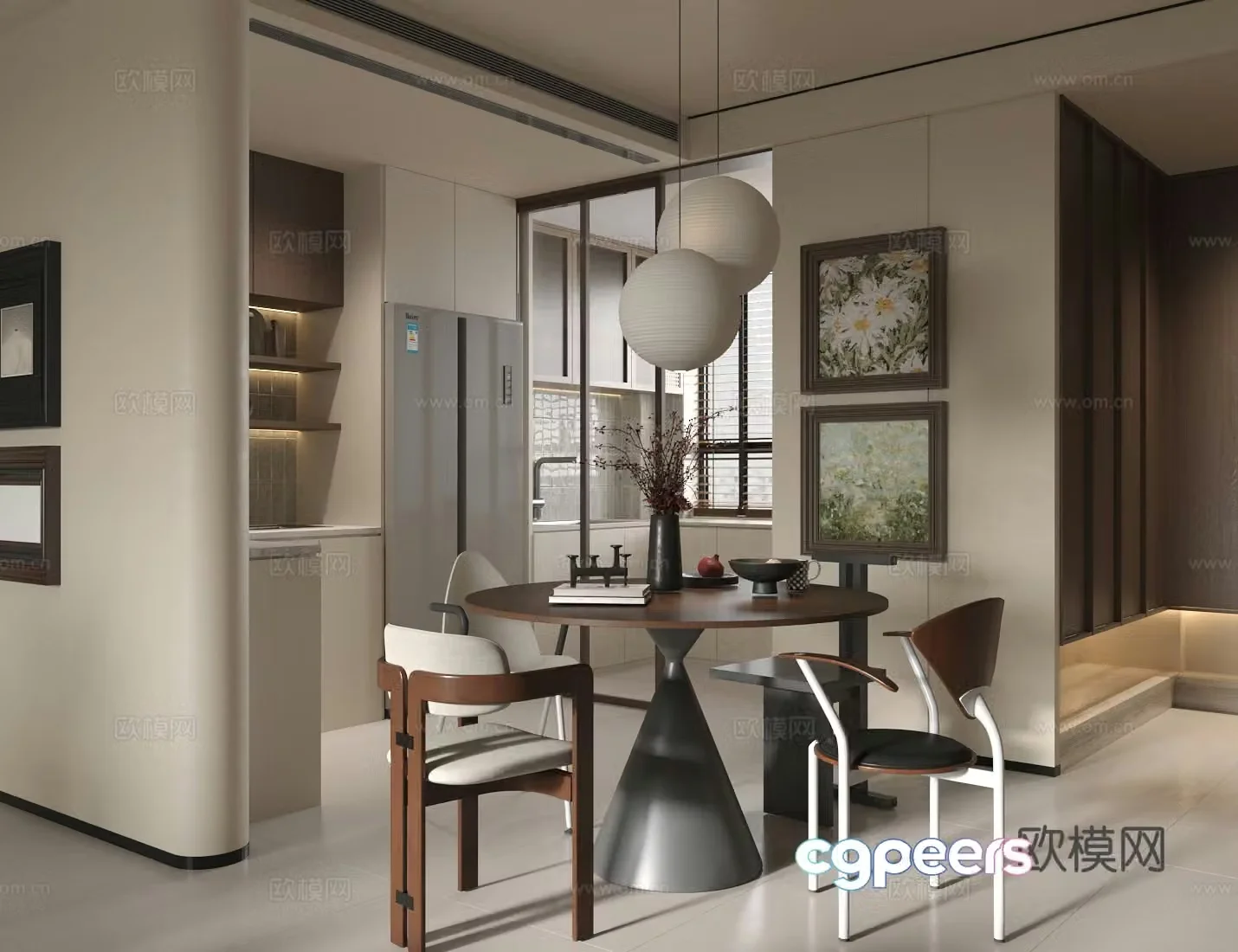 Middle-aged home restaurant round table restaurant dining table and chair combination open restaurant 3D model