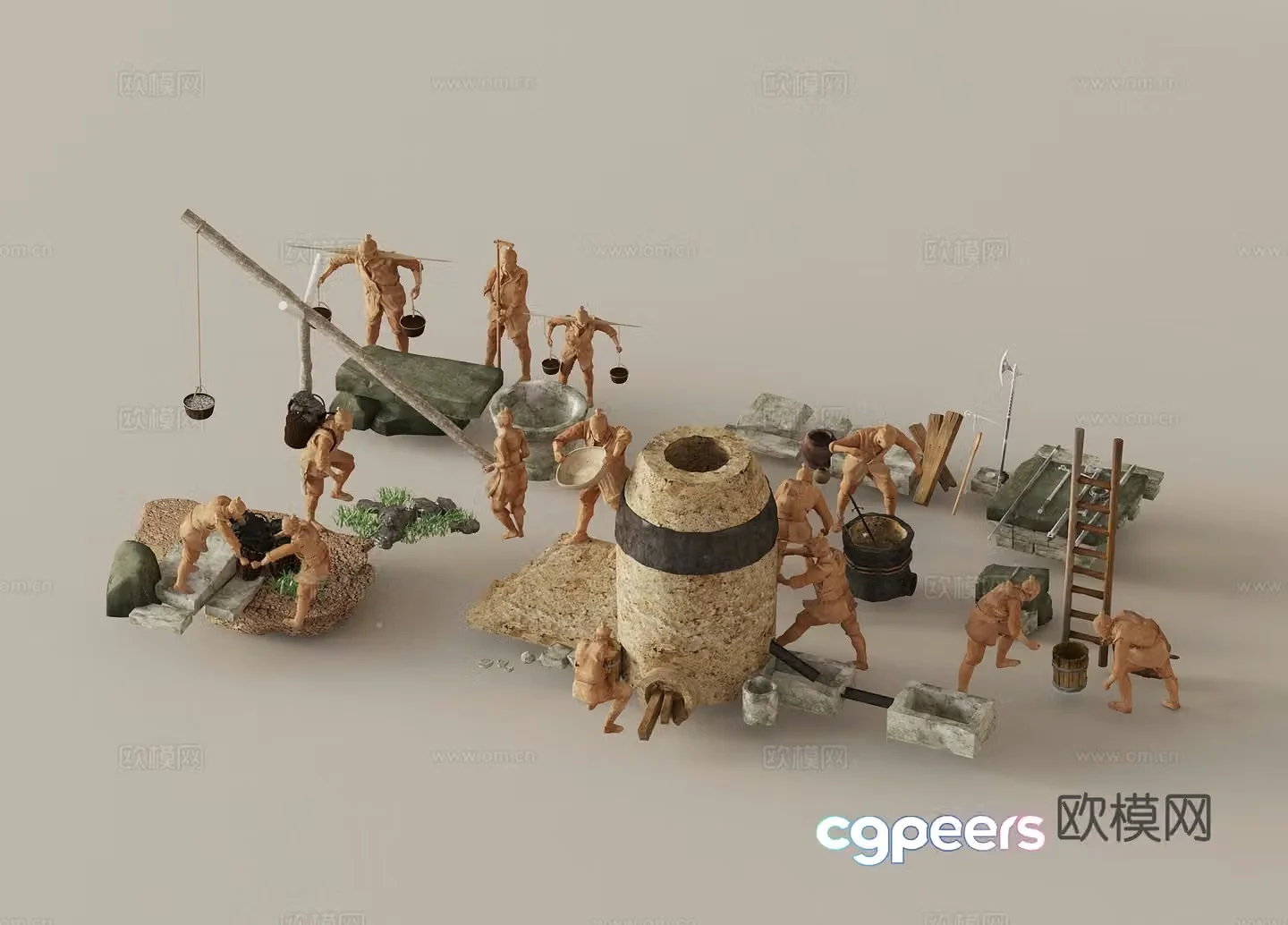 New Chinese style clay figurine landscape sketch 3D model