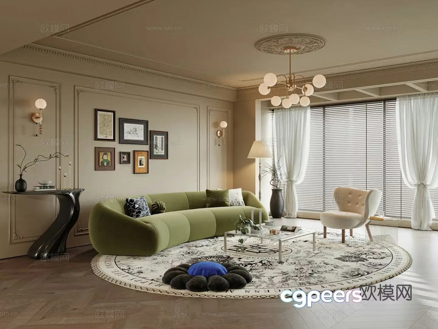 French creamy living room large flat living room sofa coffee table combination curved sofa entrance cabinet 3D model