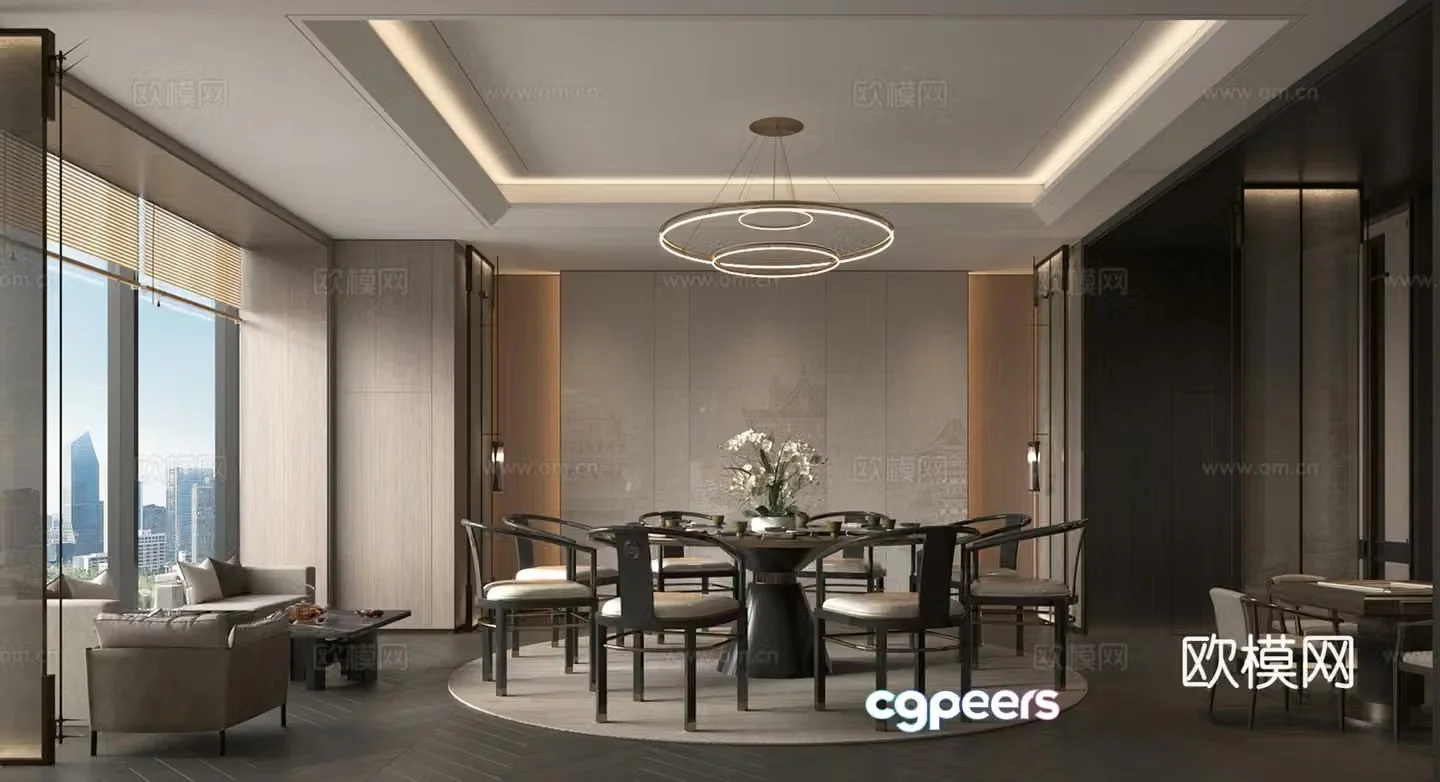 New Chinese restaurant private room Restaurant private room Dining table and chair combination Chandelier 3D model