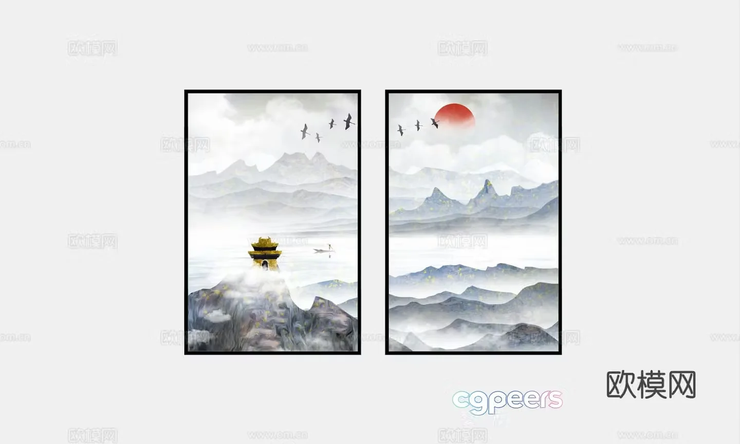 New Chinese style decorative painting landscape painting hanging painting 3D model