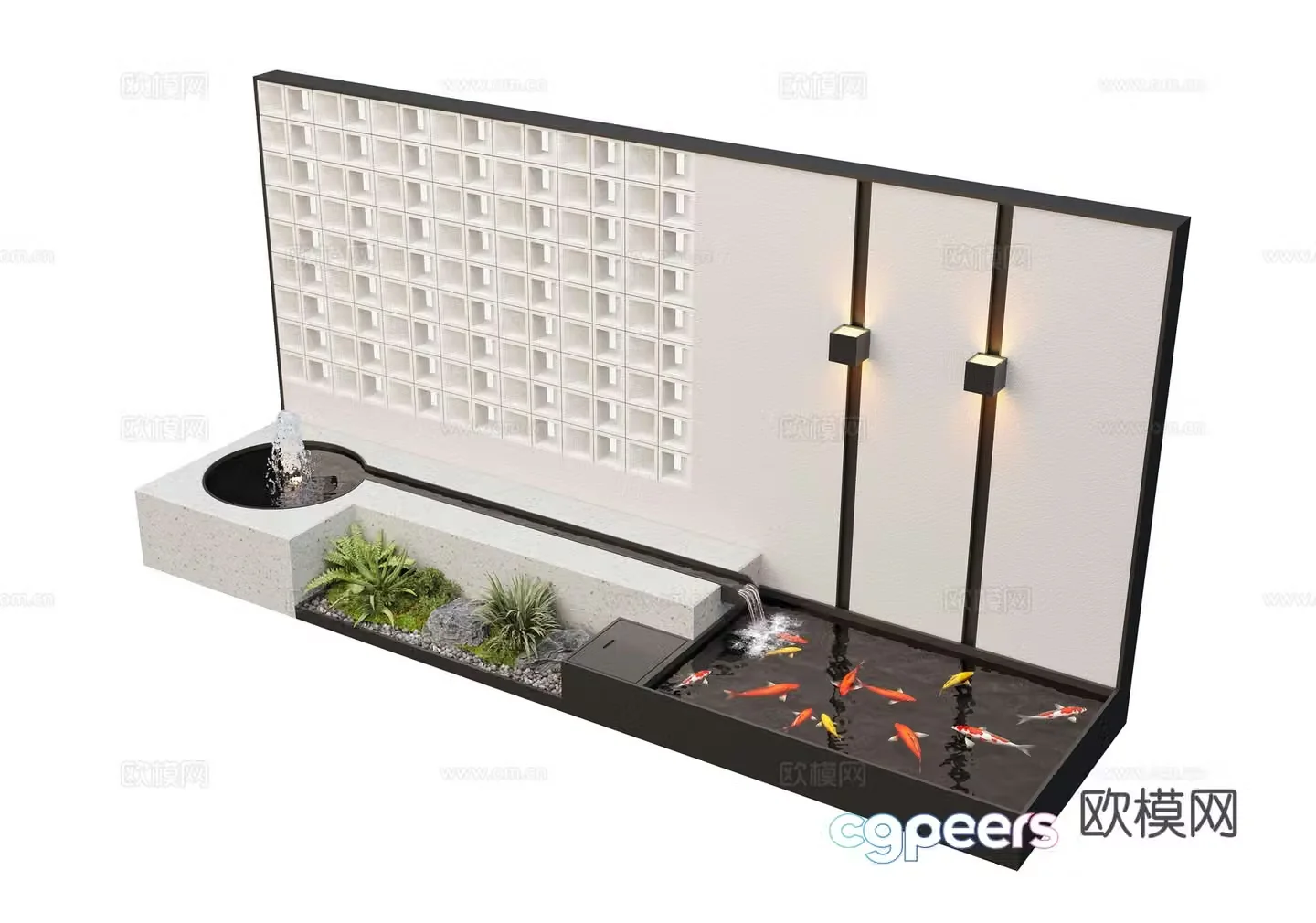 Modern courtyard waterscape waterscape wall stacked water landscape plants fish pond 3d model
