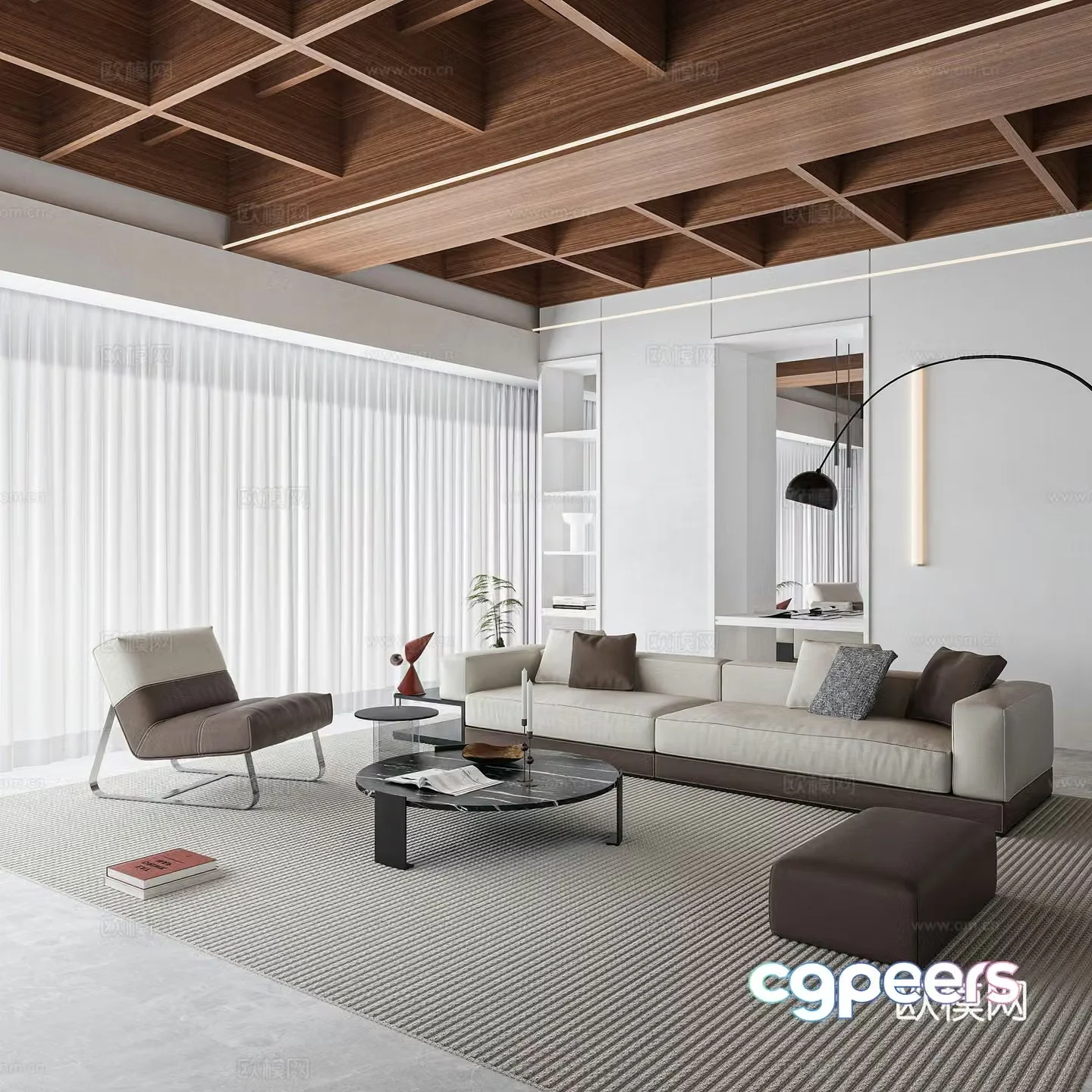 Modern living room wooden suspended ceiling living room 3d model
