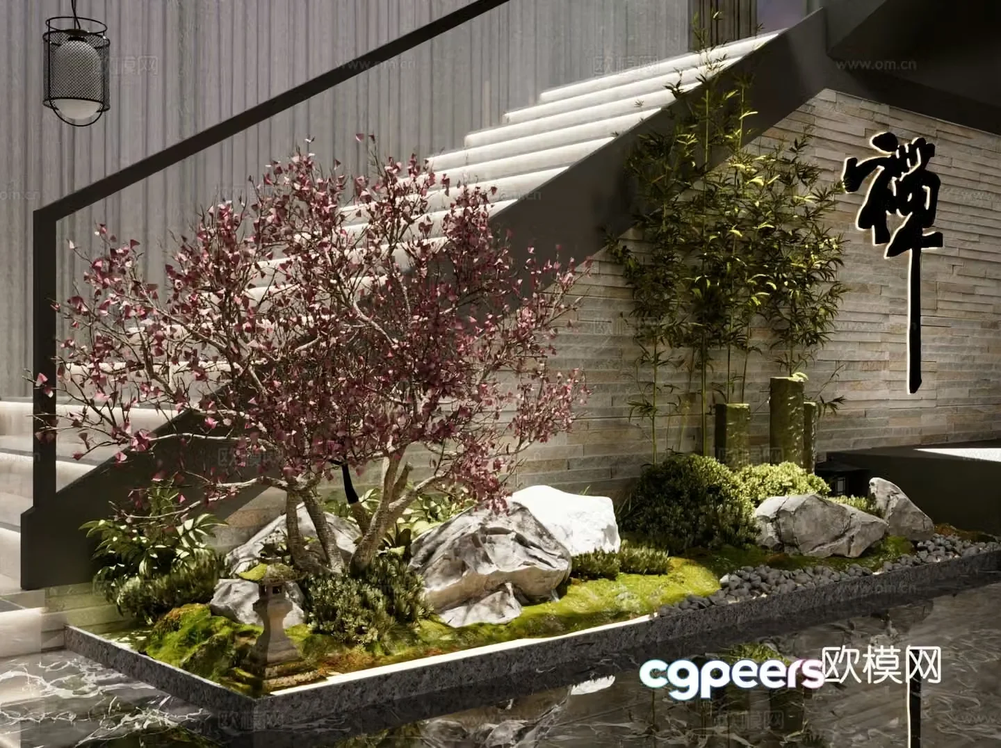New Chinese style interior landscape staircase landscape 3d model