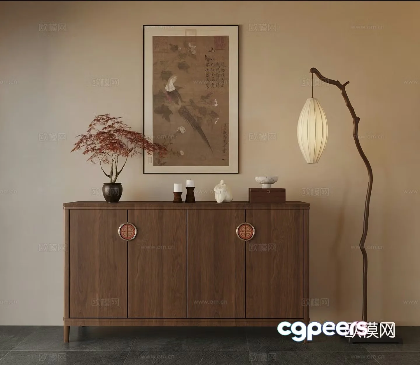 01 New Chinese style side cabinet Decorative cabinet Porch cabinet Floor lamp Chandelier Decorative painting 3D model