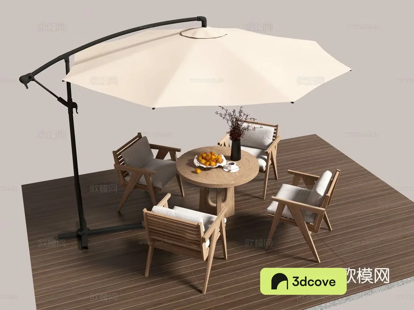 Outdoor leisure table chair parasol wooden floor
