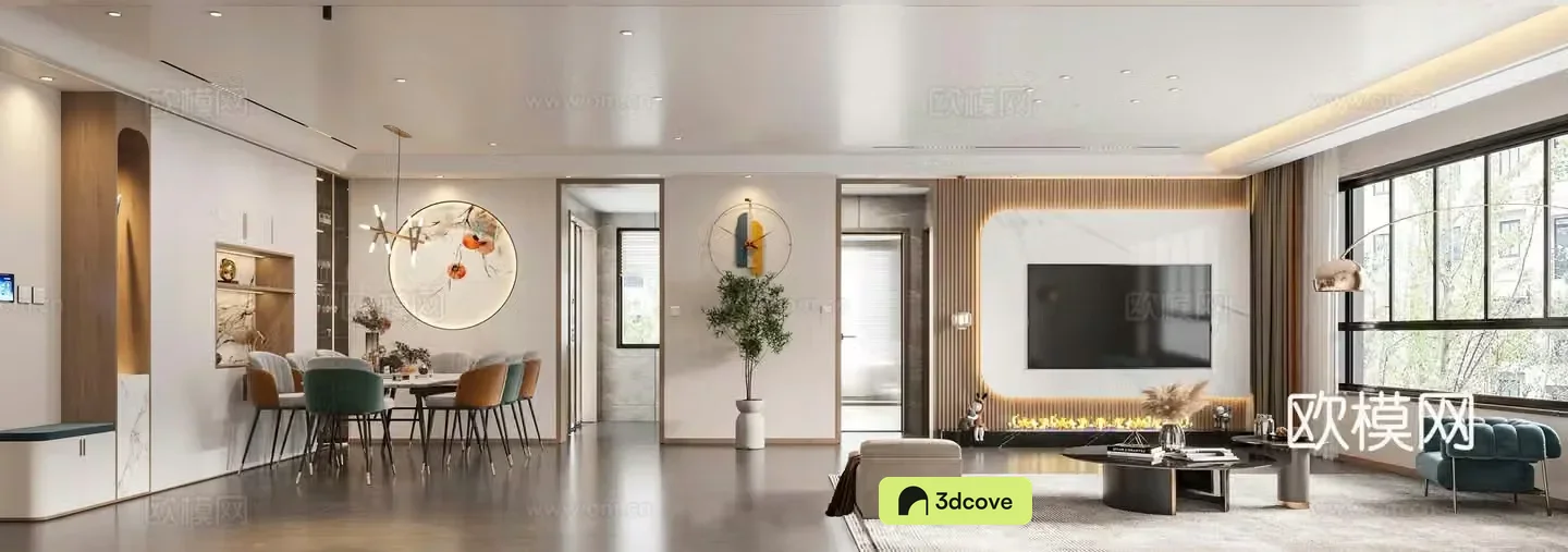 Modern living and dining room TV background wall Dining table Light luxury living room TV cabinet Leisure chair Coffee table