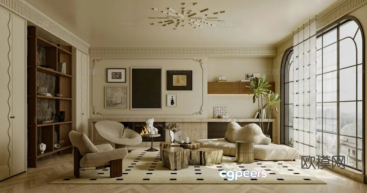 French living room sofa coffee table combination single sofa curved sofa side table 3D model