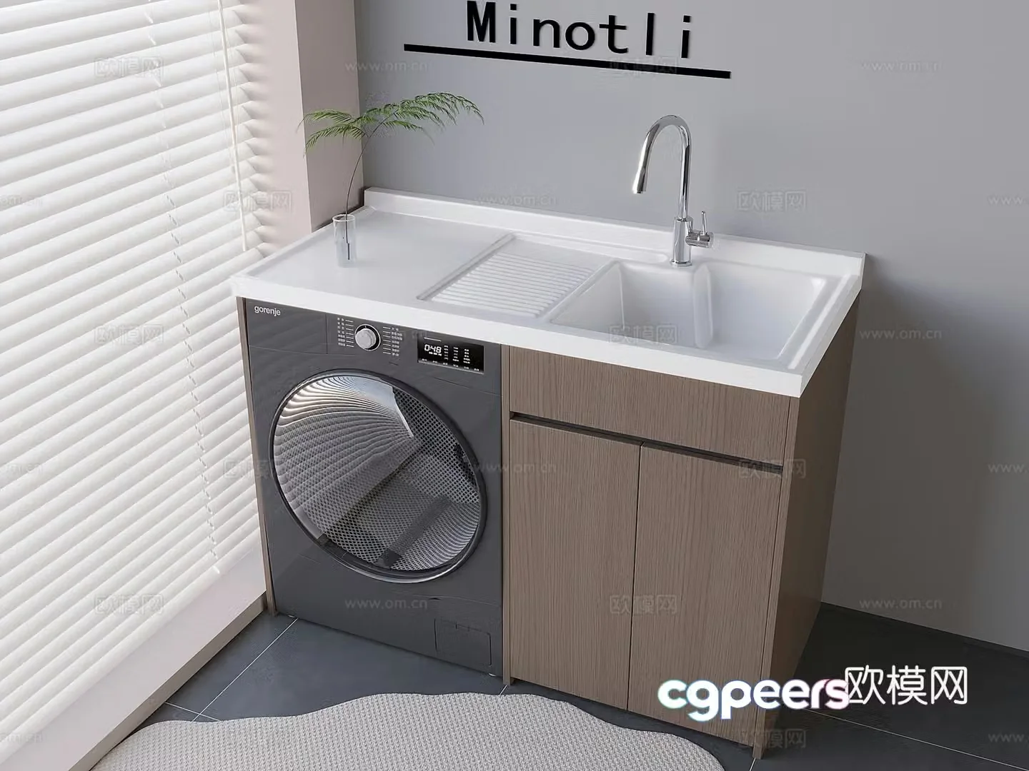 Italian solid wood balcony washing machine cabinet drum washing and drying washing machine basin washing board 3D model