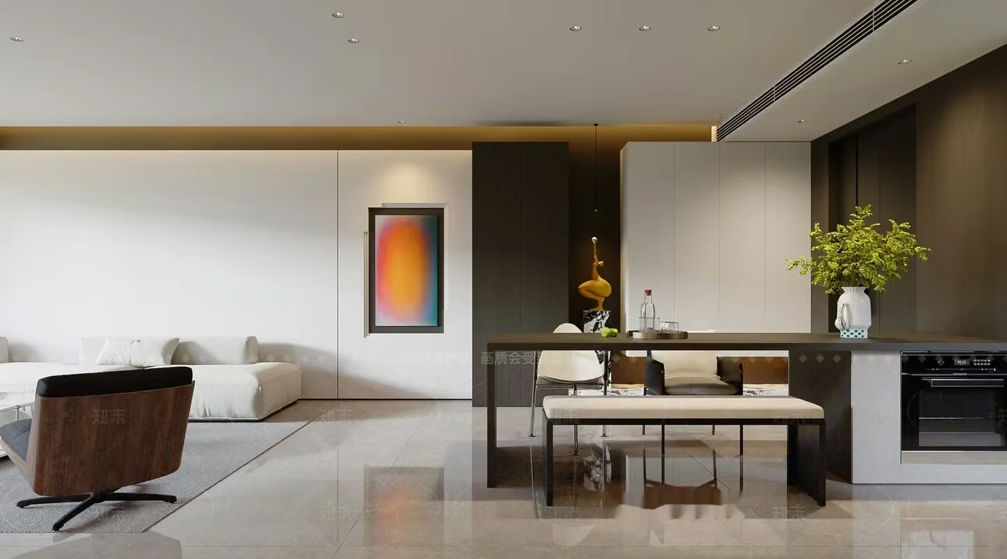 Modern Open-Concept Kitchen And Living Room 3D Model – 19574 – VRAY Render