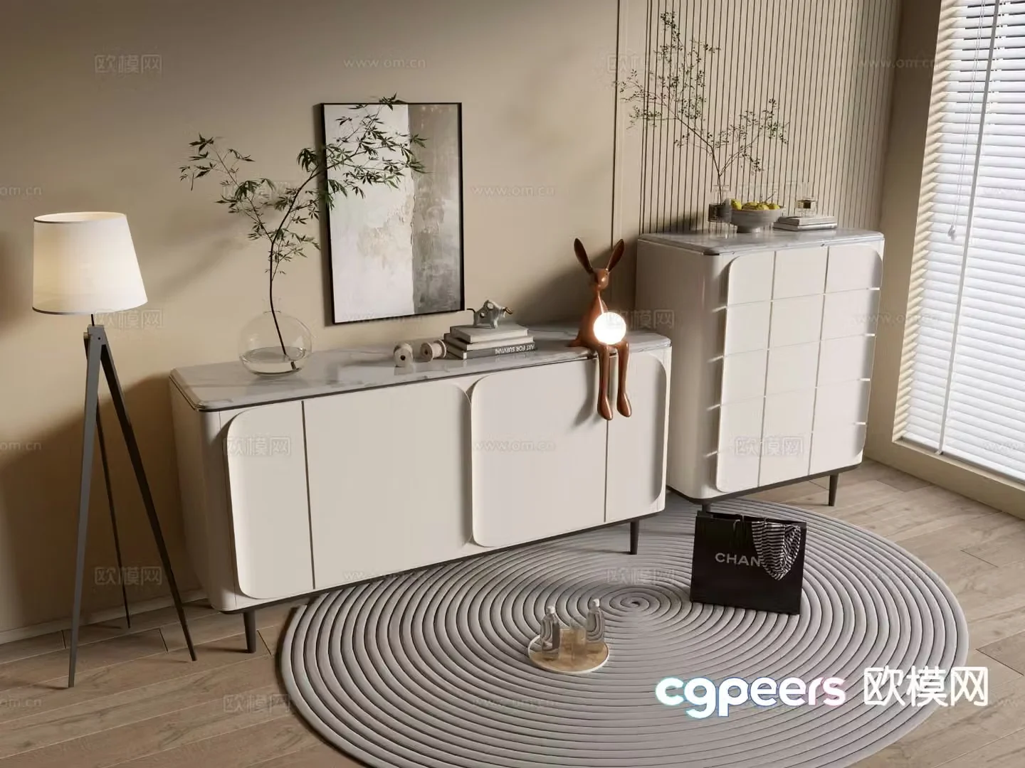 Cream style entrance cabinet side cabinet 3D model