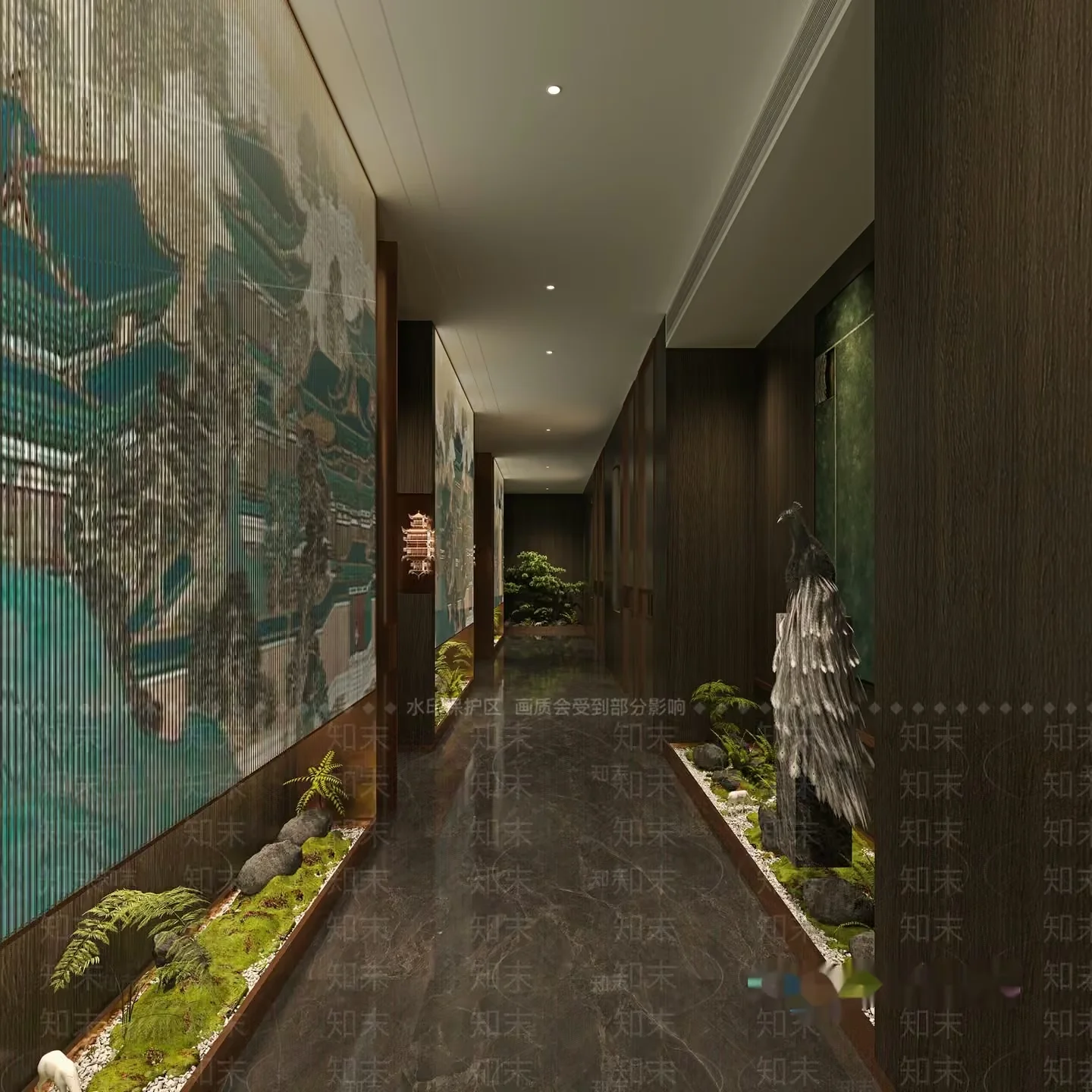 A Long Hallway With A Dark Color Scheme 3D Model – 5020 – CORONA Render