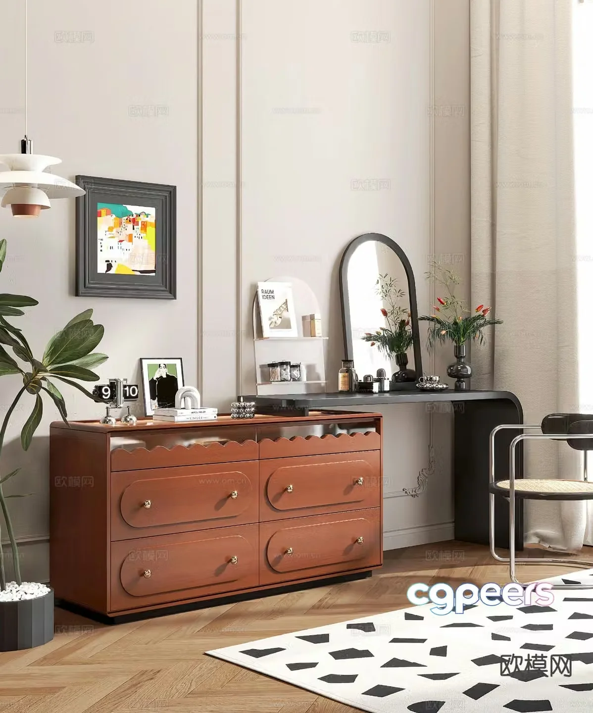 Medieval style dressing table and storage cabinet integrated 3D model