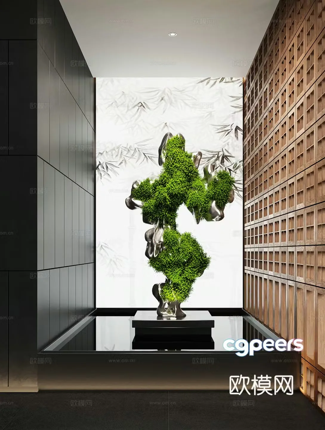 New Chinese-style art installation Stainless steel installation Moss installation Indoor landscape 3D model