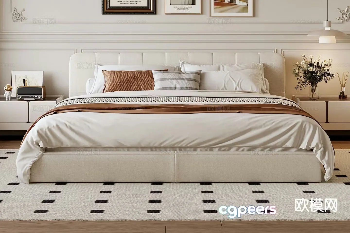 Cream style double bed 3d model