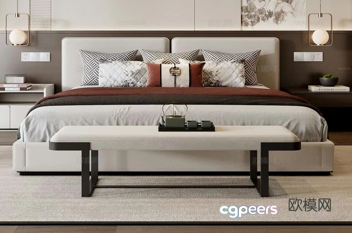 New Chinese style double bed 3d model