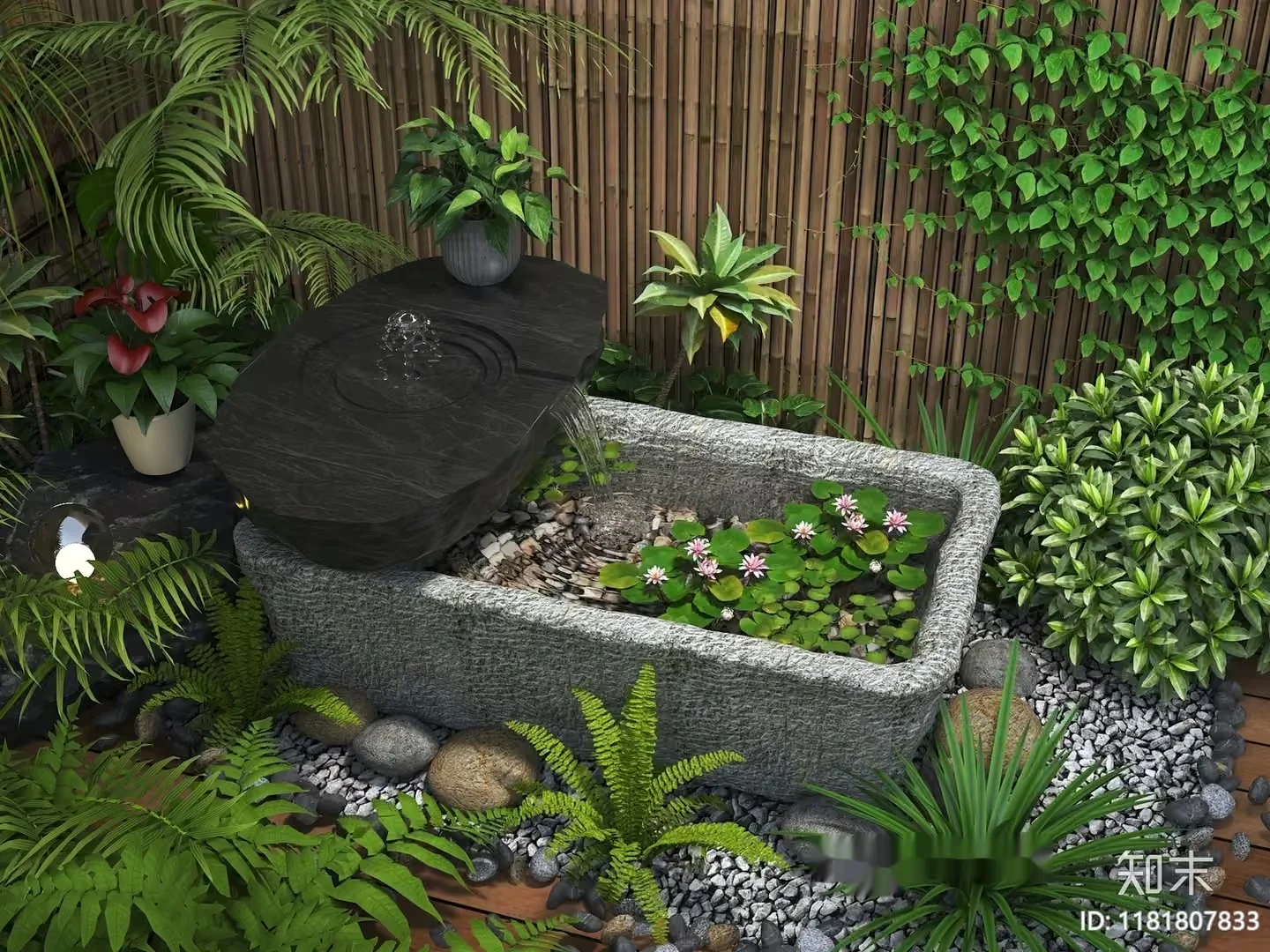 A Stone Water Feature With A Small Pond 3D Model – 13979 – VRAY Render