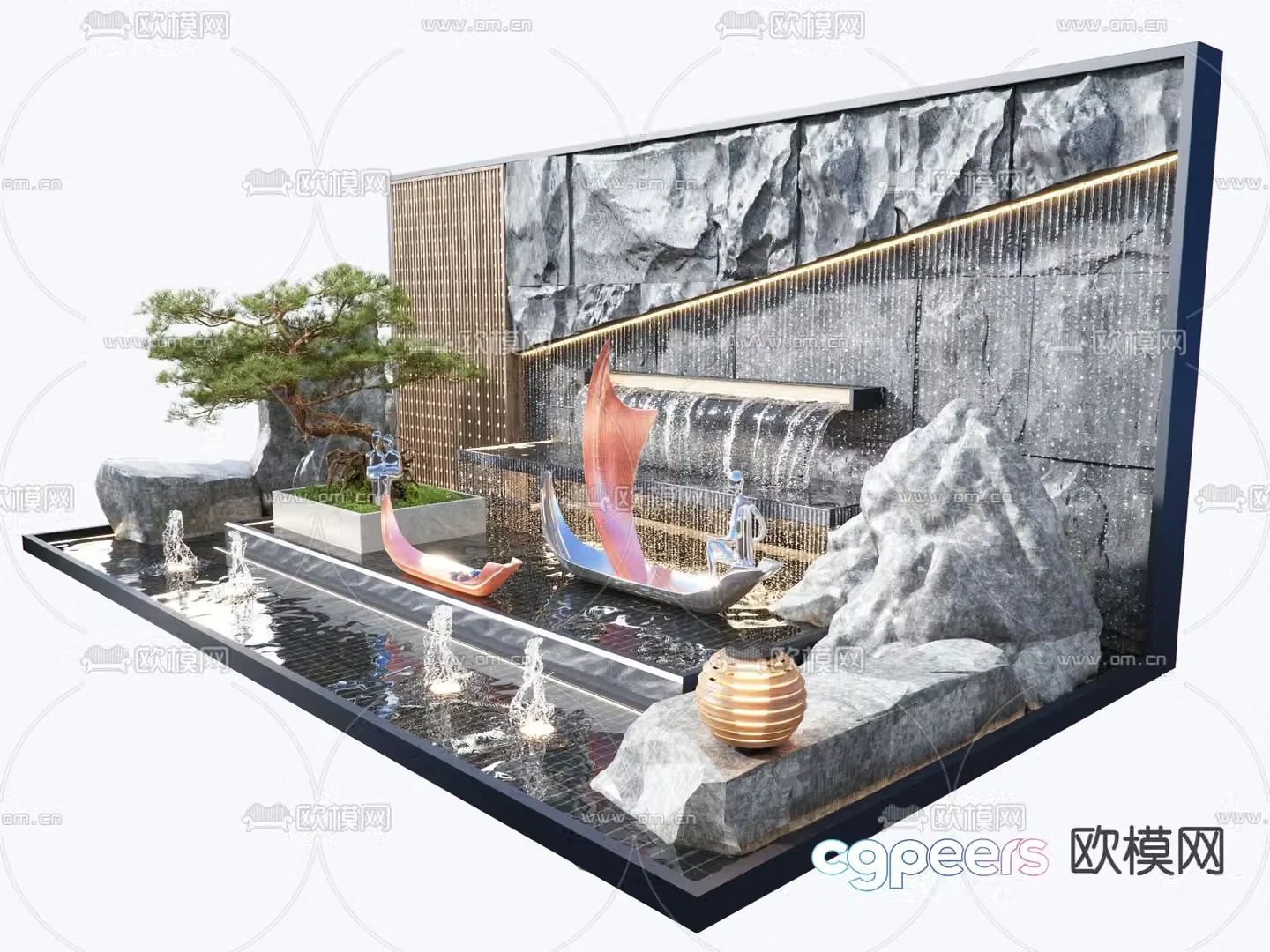 Water feature wall landscape plants water feature fountain 3d model