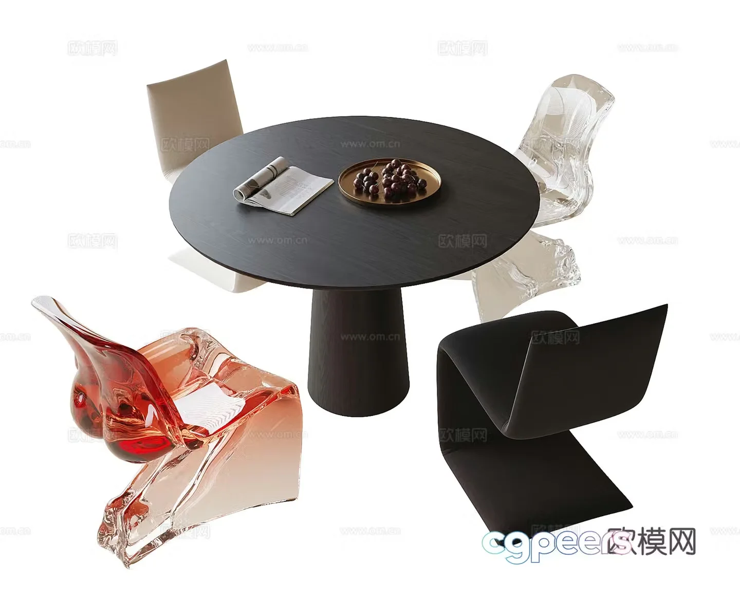 Modern dining table and chairs Round dining table Acrylic dining chair Single chair 3d model
