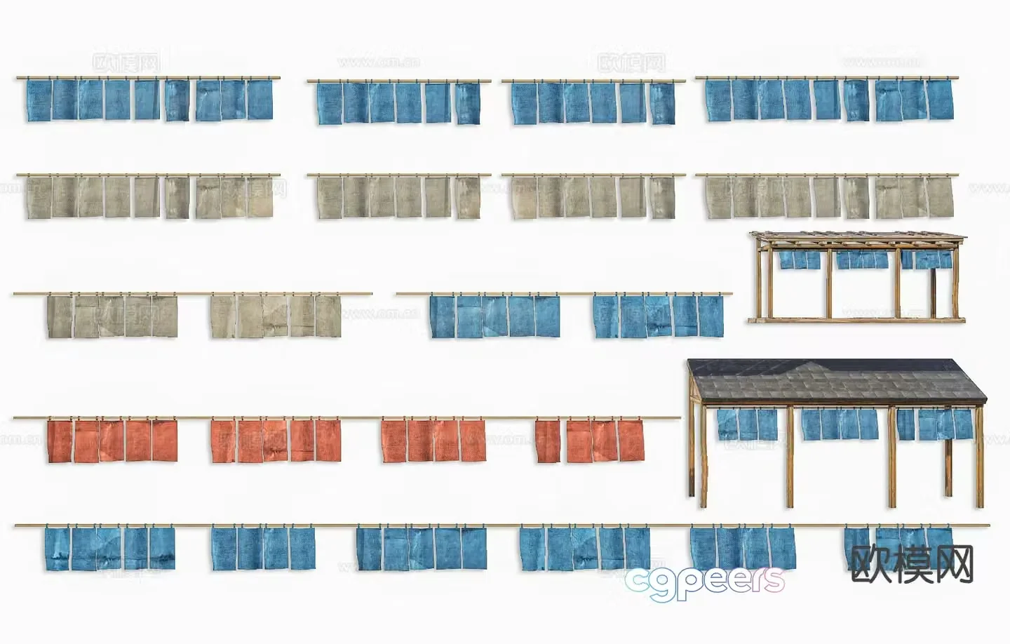 Chinese folk sketches weaving dyeing and drying 3D model