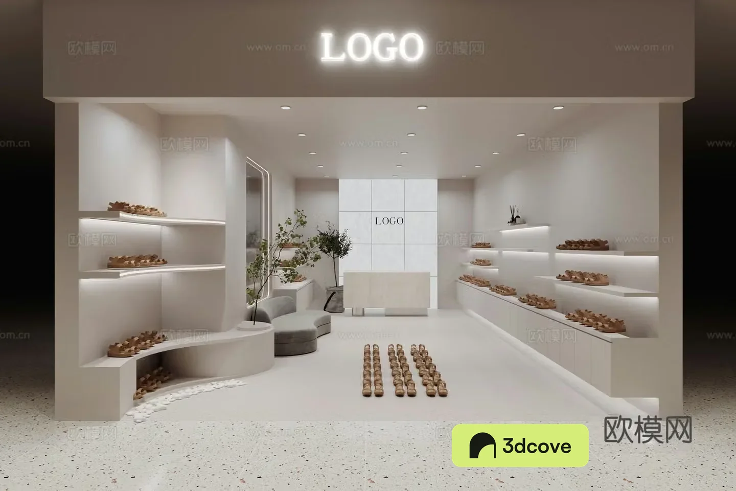 Wasabi style shoe store laminate rack green plants DuPont paper light box background wall cashier shoes 3d model