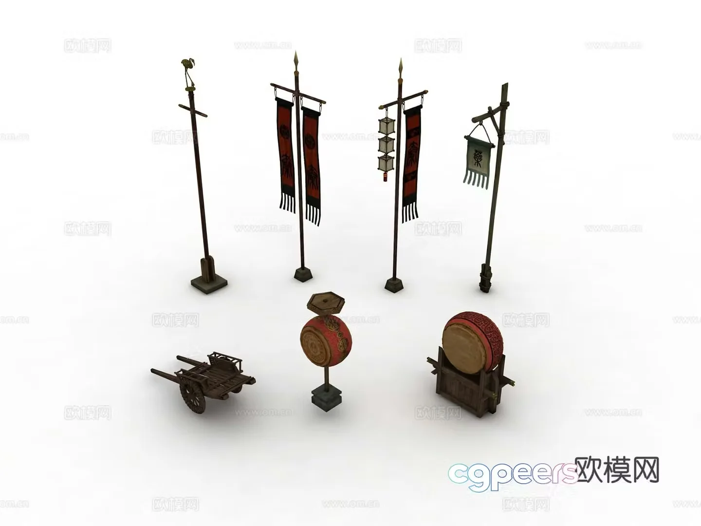 Chinese B&B Sketch Flag Drum 3D Model