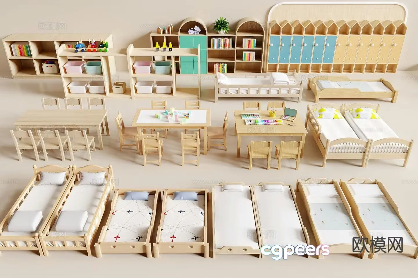 Modern kindergarten nap bed children’s table and chair 3d model