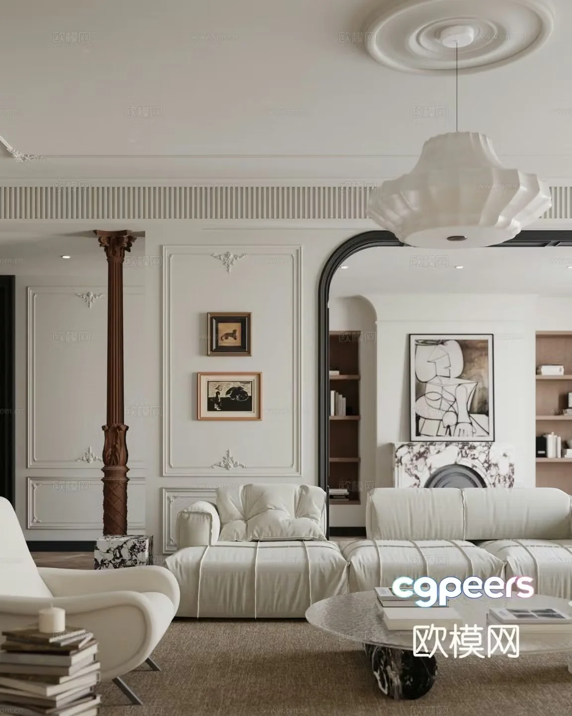 Modern French horizontal hall Light French living room Fireplace Roman column Gypsum line Chest of drawers 3d model