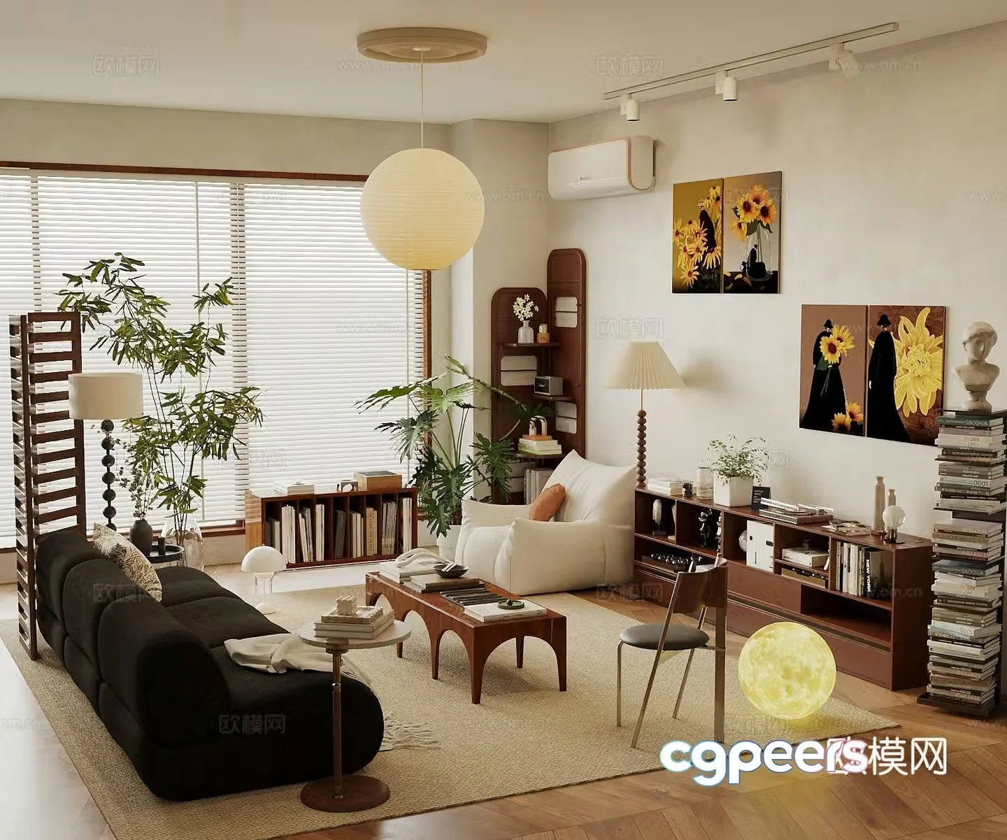 Wasabi Middle Style Living Room Sofa Coffee Table Combination Decoration Cabinet Bookshelf Leisure Chair Hanging Painting 3D Model