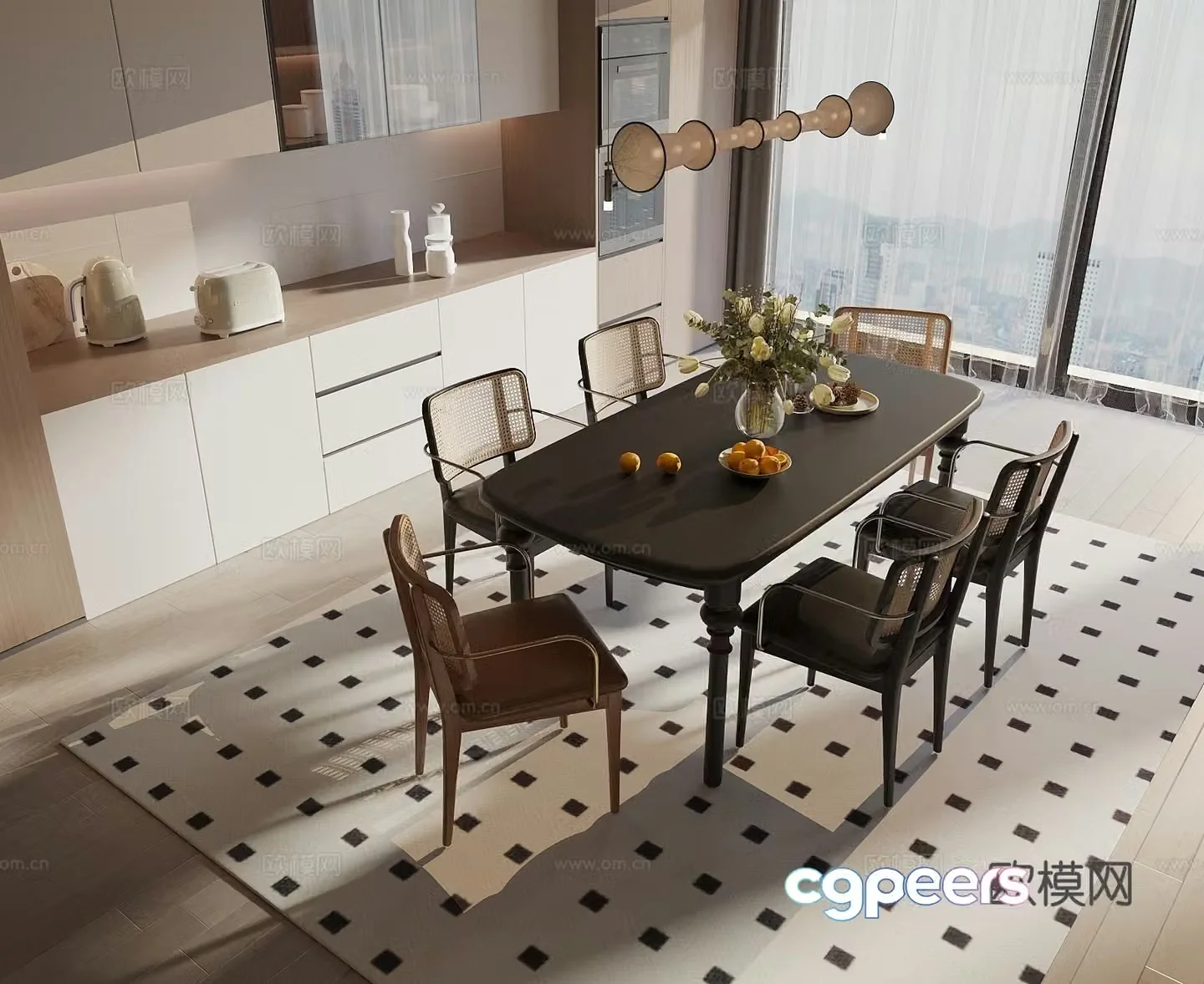Middle Ages of Wasabi Style Dining Table and Chair Dining Table and Chair Combination Art Chandelier Wine Cabinet Side Cabinet 3D Model