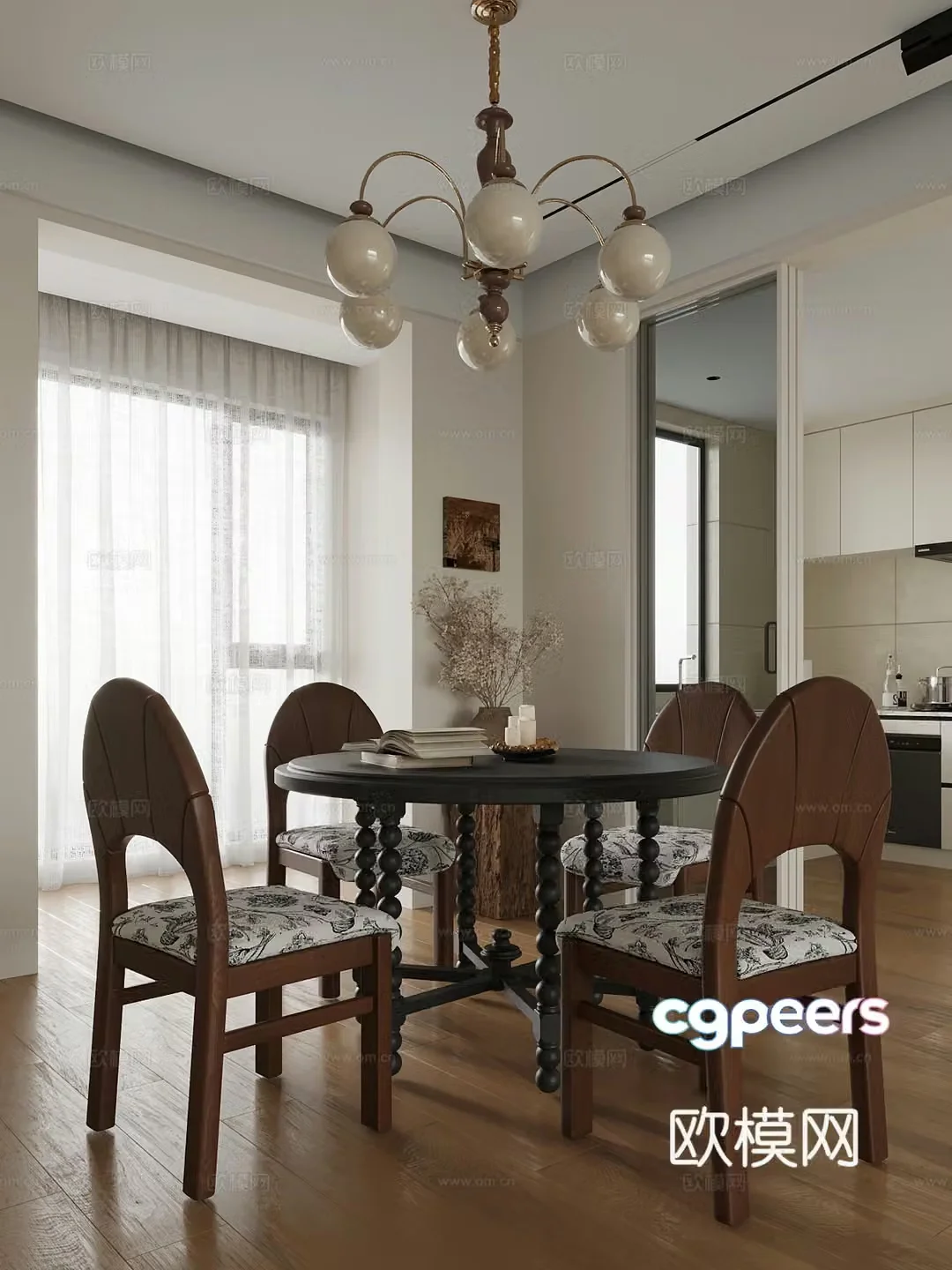 09 Home Restaurant French Retro Style Dining Table and Chair Restaurant 3D Model