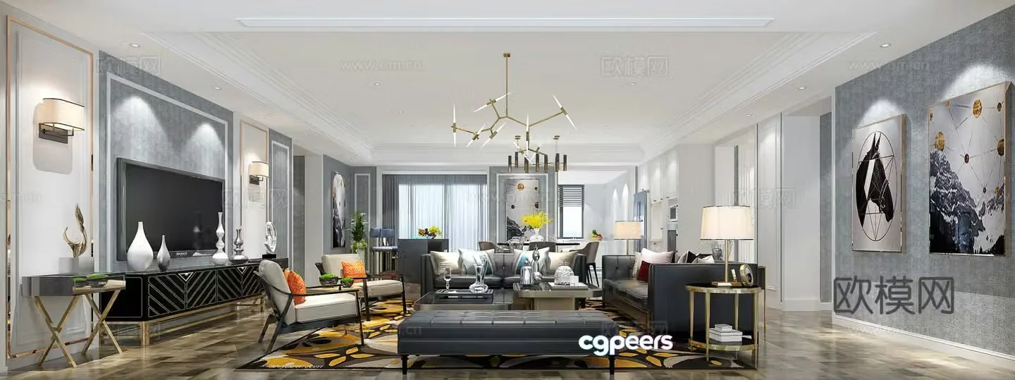 Postmodern living room sofa and coffee table combination TV cabinet TV background wall wall decoration painting 3D model