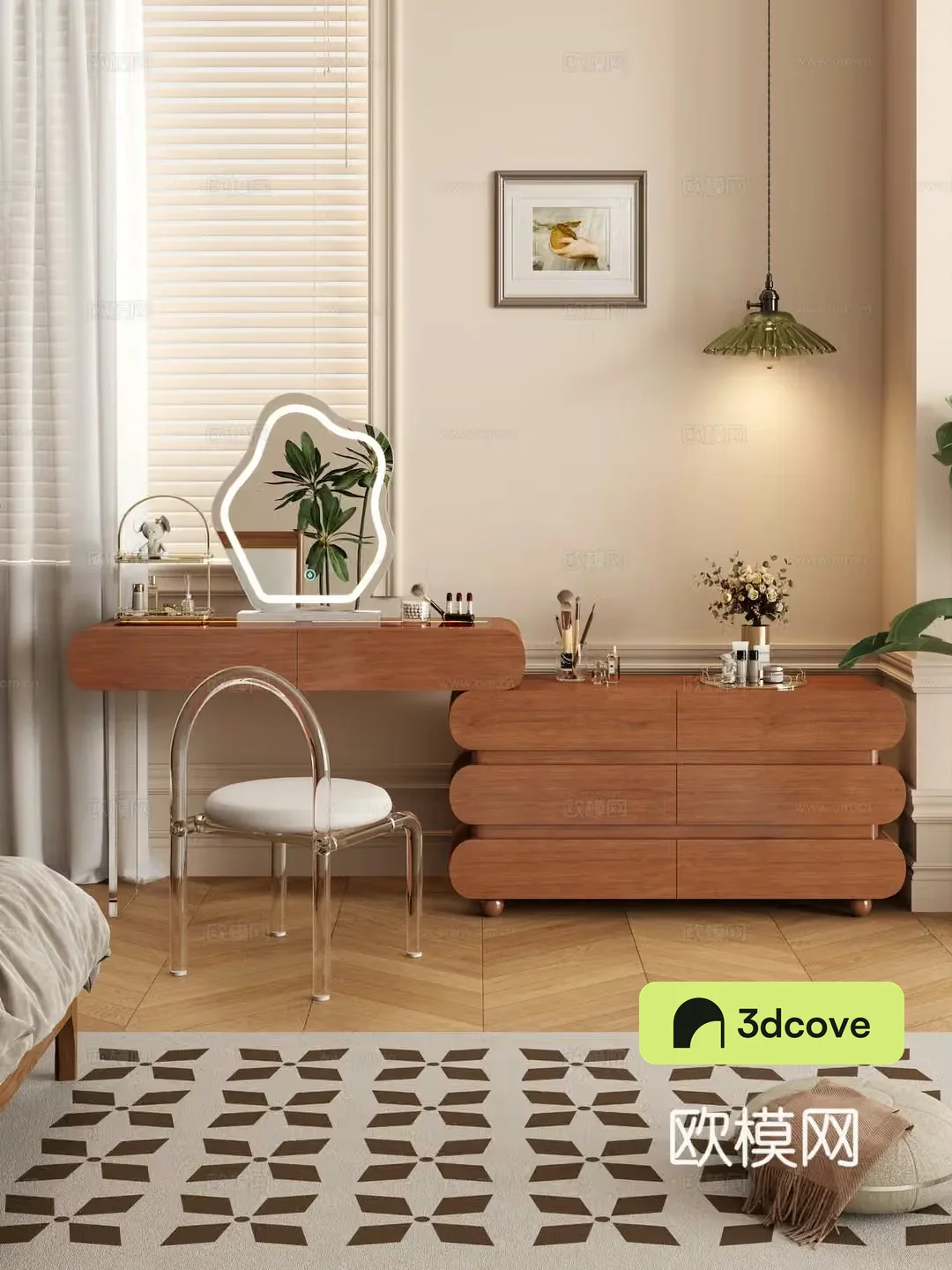 Cream style dressing table makeup stool combination dressing table makeup stool mirror decoration hanging painting