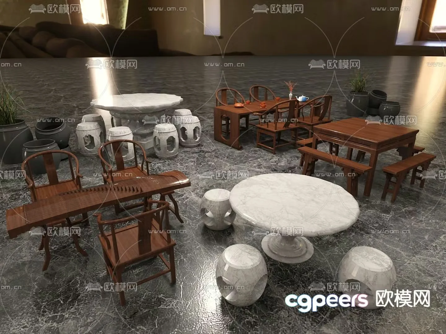 Outdoor tables and chairs stone tables and chairs Eight Immortals table 3D model