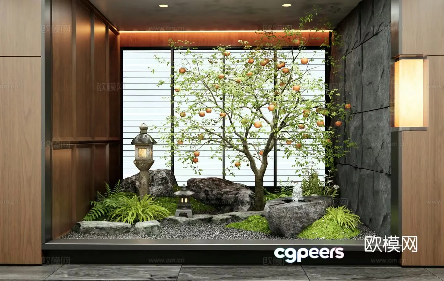 Modern interior landscape Persimmon tree Fruit tree Landscape stone Waterscape Water bowl Ting step Plant 3D model