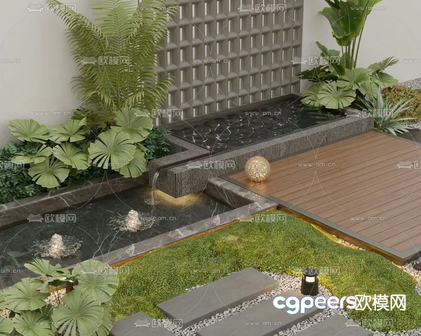 Garden pool water feature fountain water 3d model